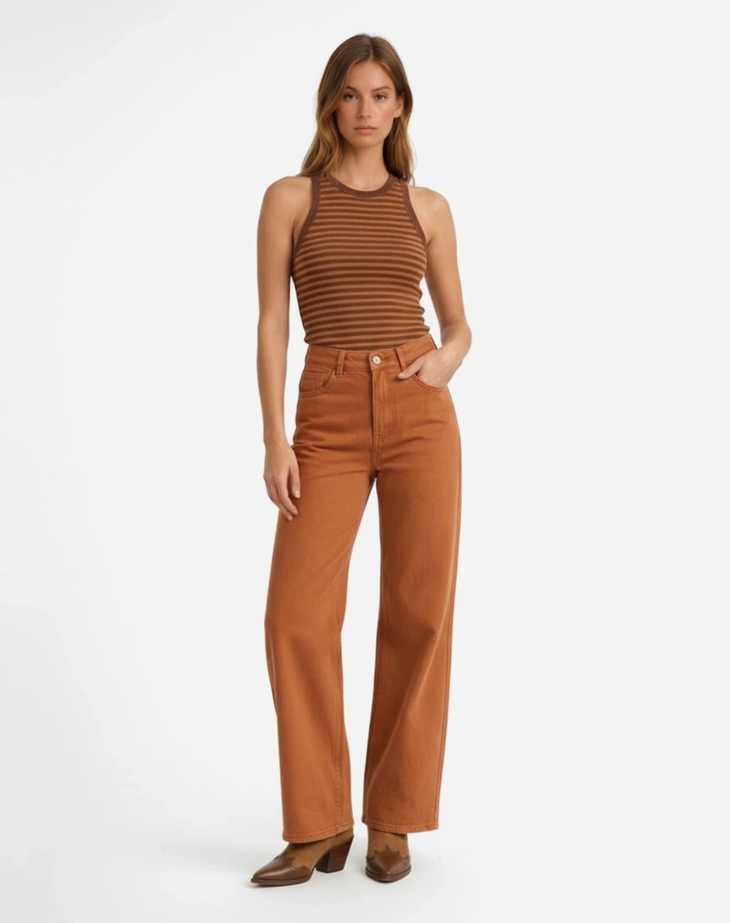 Calça Wide Leg de Sarja - Ocre