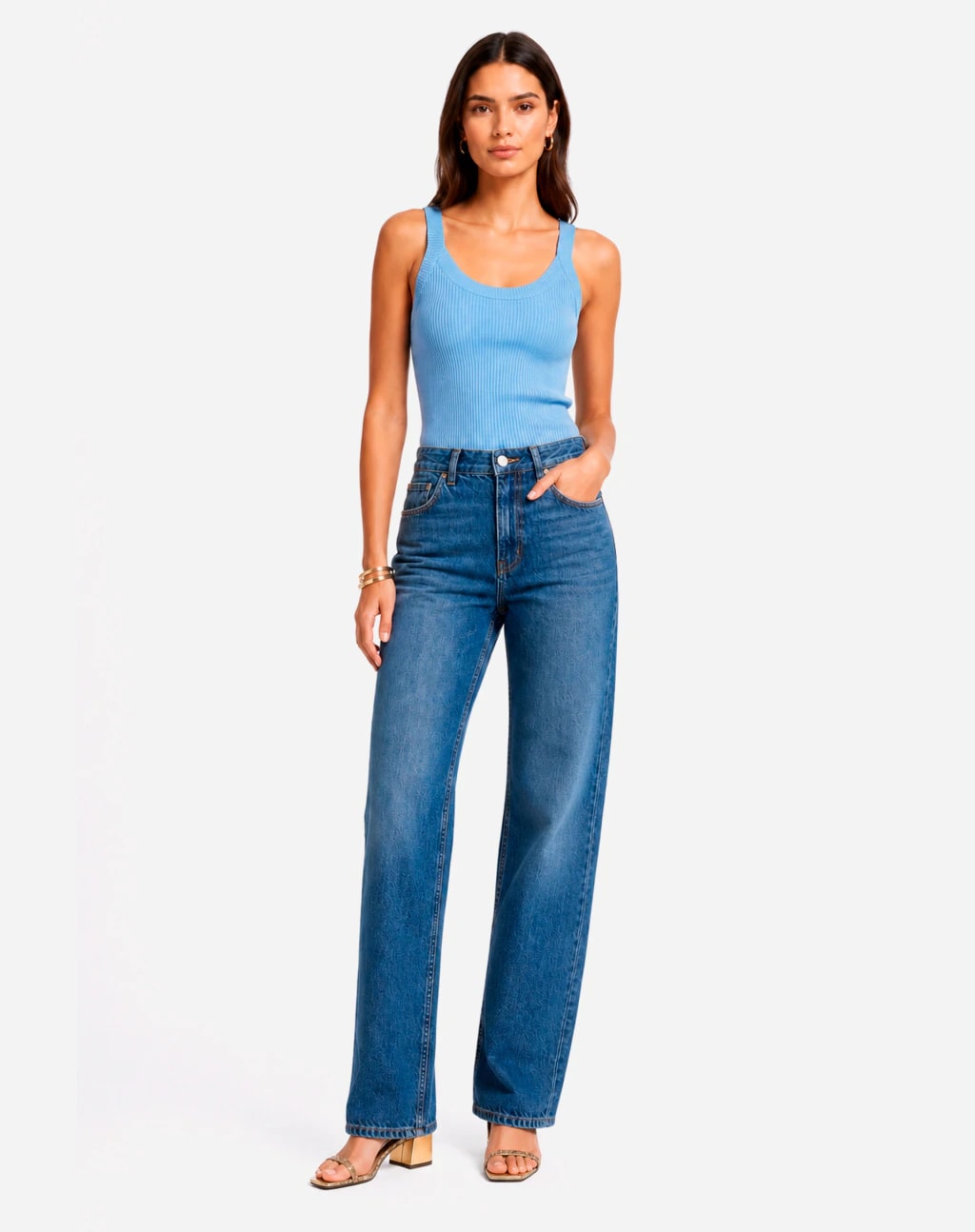 Calça Reta Jeans - Azul Médio