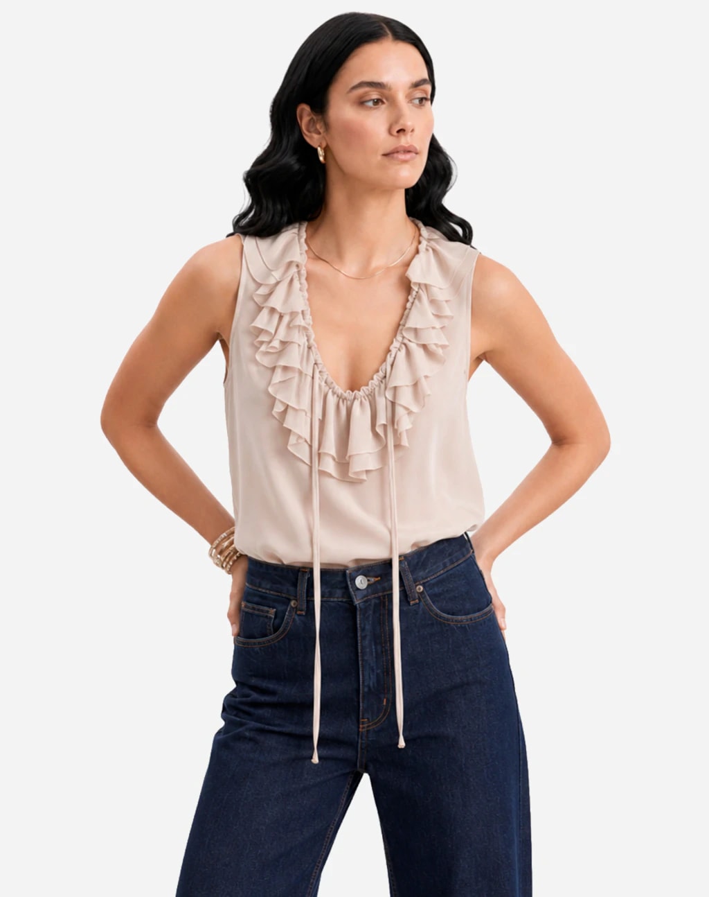Blusa com Gola de Babados - Bege