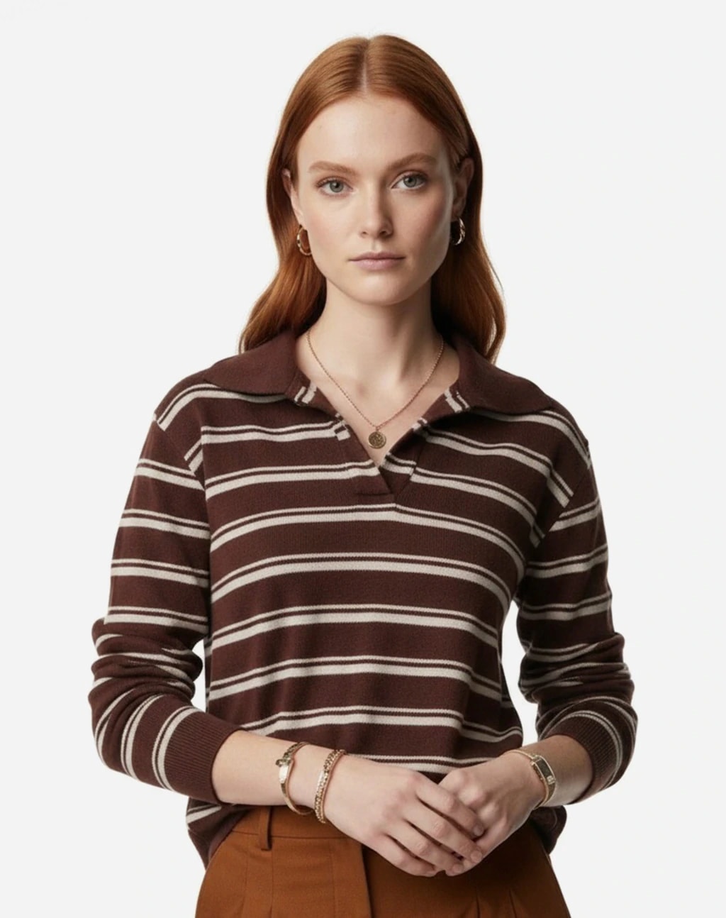Blusa Polo Manga Longa de Tricot - Marrom