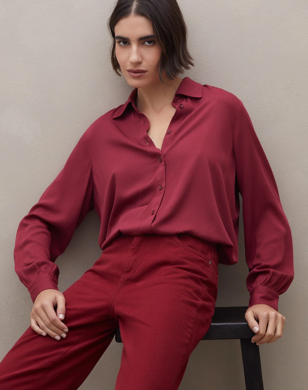 Camisa Manga Longa de Viscose - VINHO