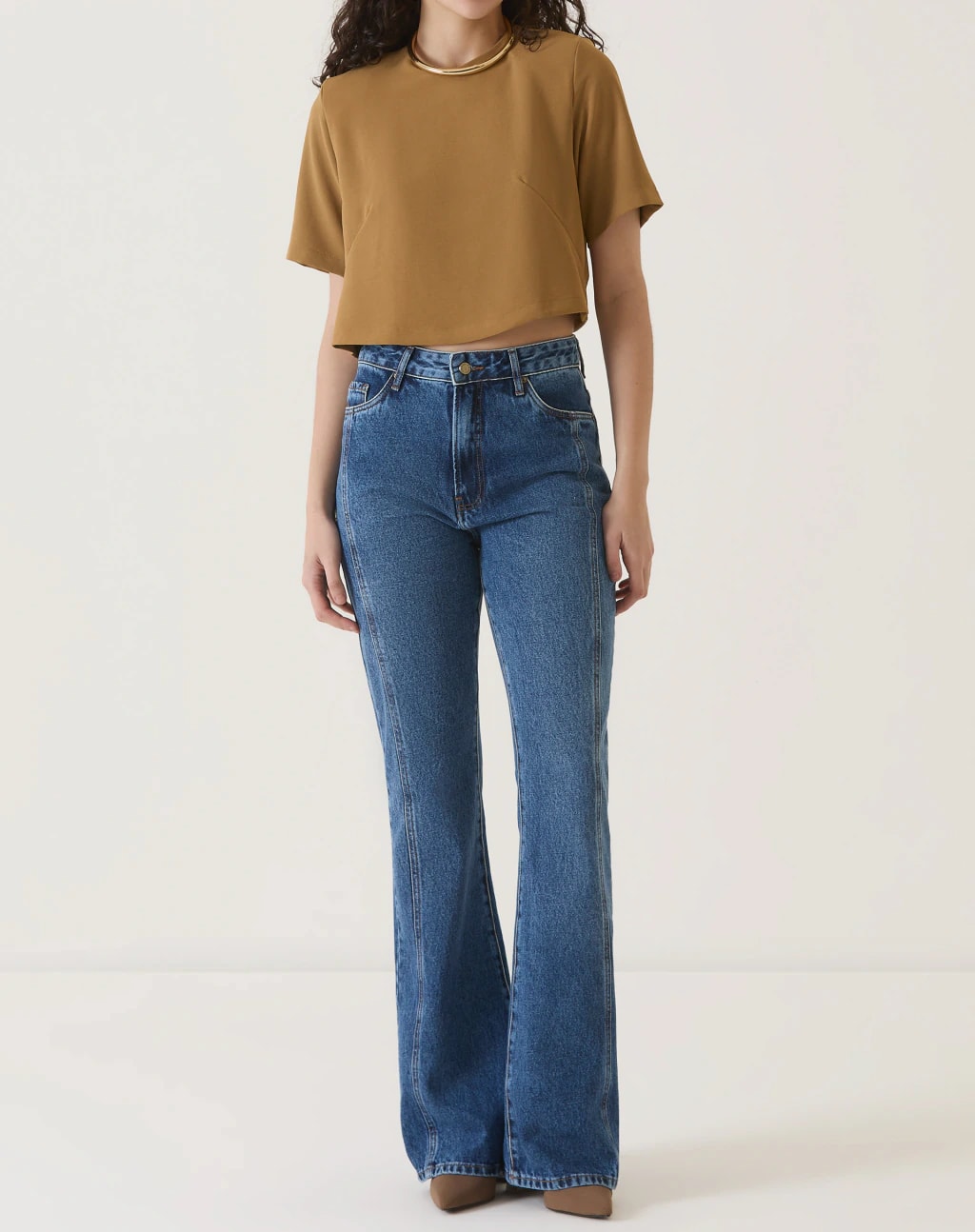 BLUSA CROP MANGA CURTA - MARROM