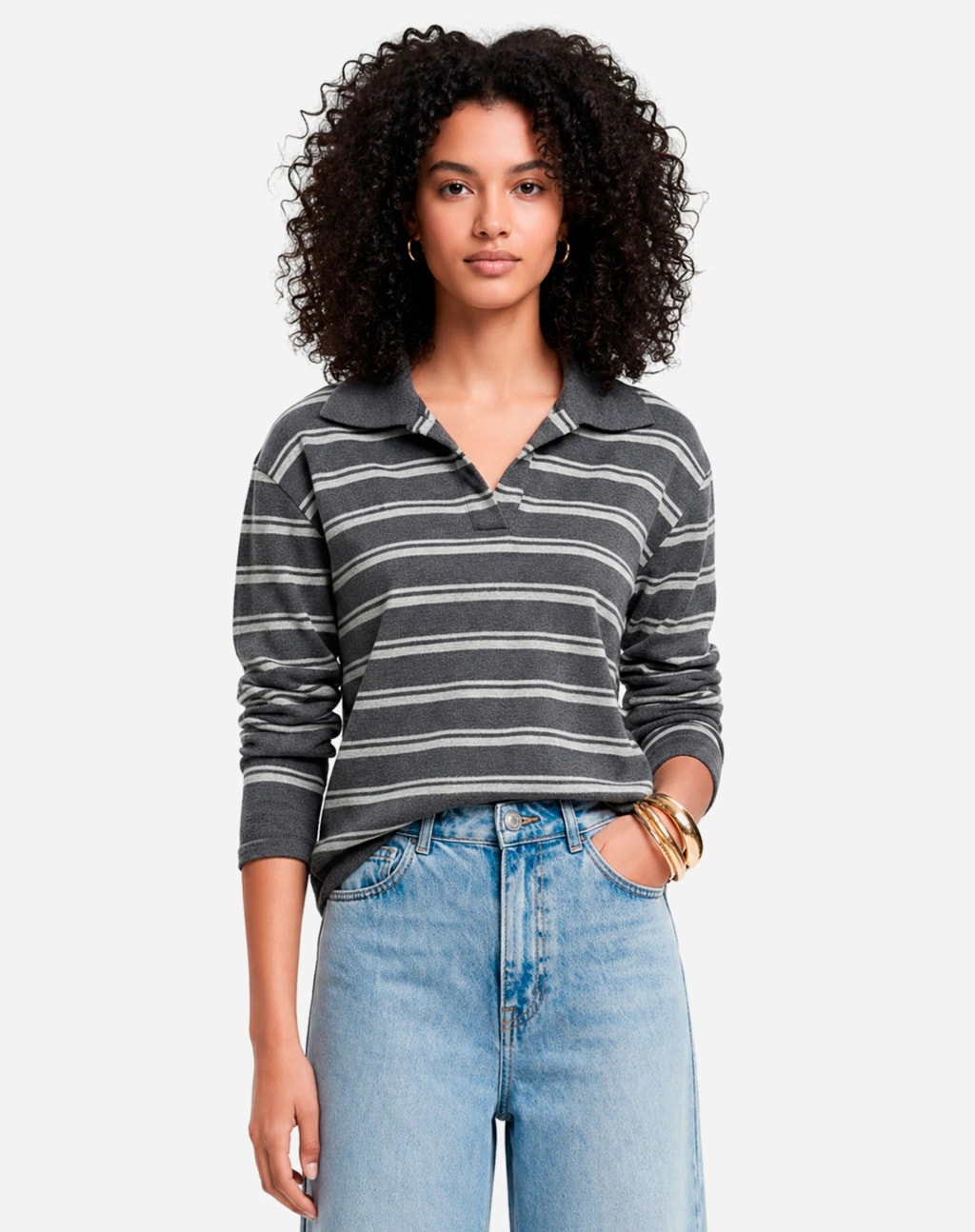 Blusa Polo Manga Longa de Tricot - Cinza