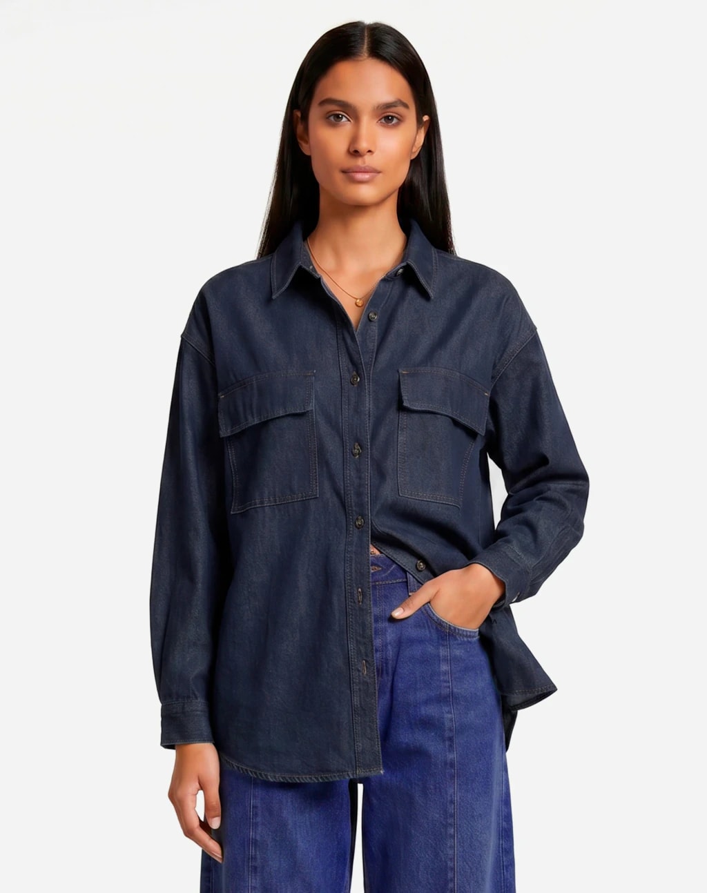 Camisa com Cava Deslocada Jeans - Azul Escuro