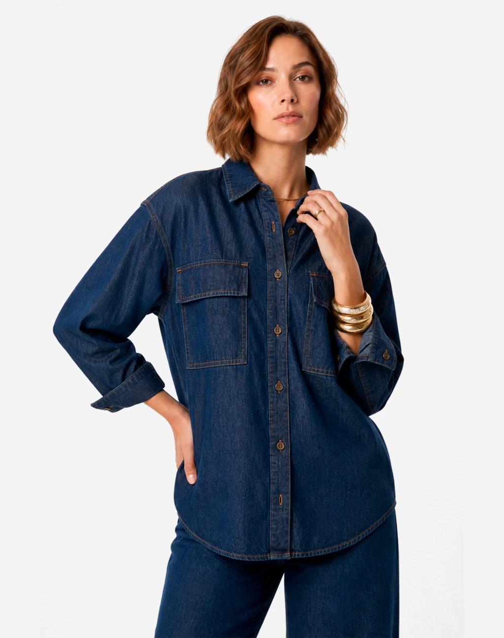 Camisa com Cava Deslocada Jeans - Azul Médio