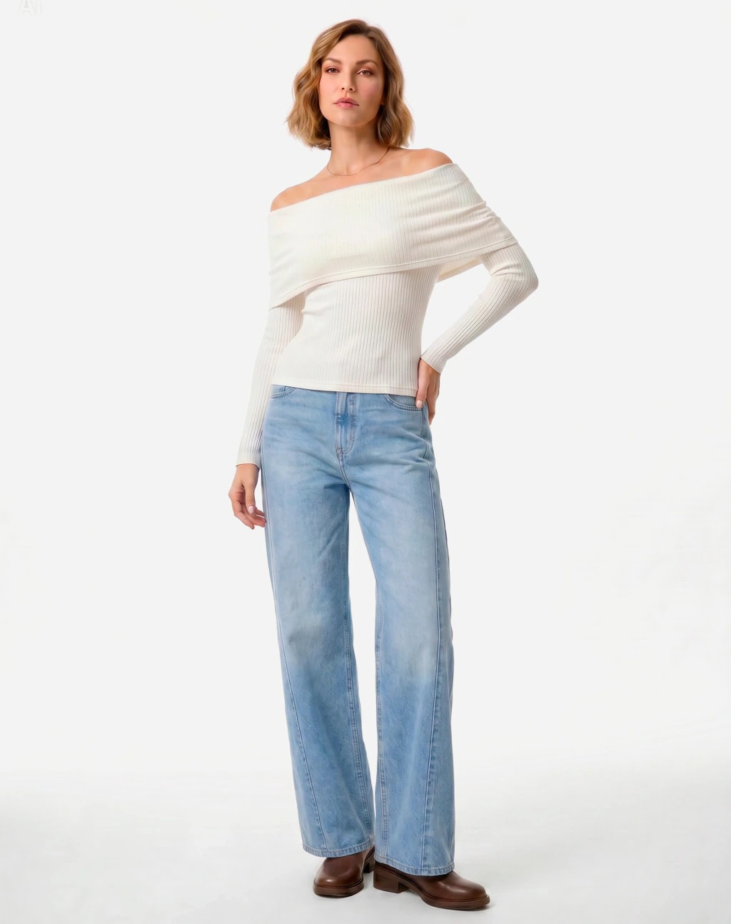 Calça Wideleg com Recorte Deslocado Jeans - Azul Claro
