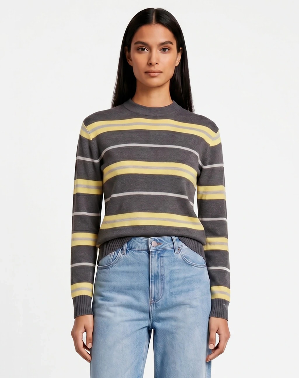 Blusa Manga Longa Listrada de Tricot - Cinza