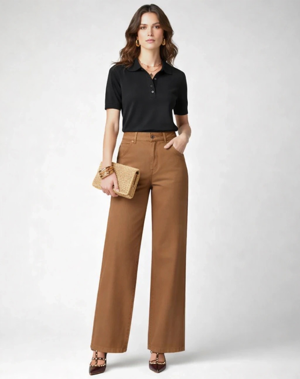 Calça Wide Leg Sarja - Marrom